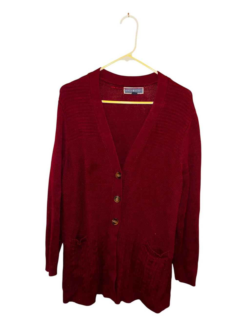 Karen Scott Burgundy Button-Front V-Neck Cardigan Sweater With Pockets XL
